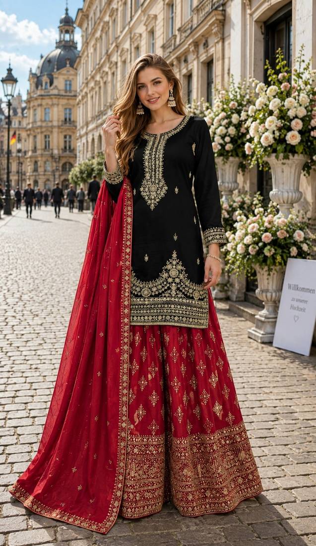 Black chinon silk blend  readymade suit with embroidery & sequence work