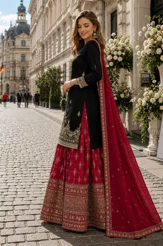 Black chinon silk blend  readymade suit with embroidery & sequence work