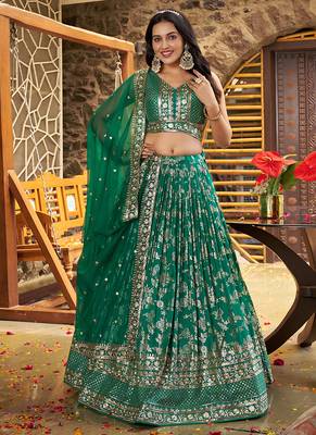 Teal Green Dola Silk Jacquard Readymade Lehenga Choli Set with Net Dupatta 1