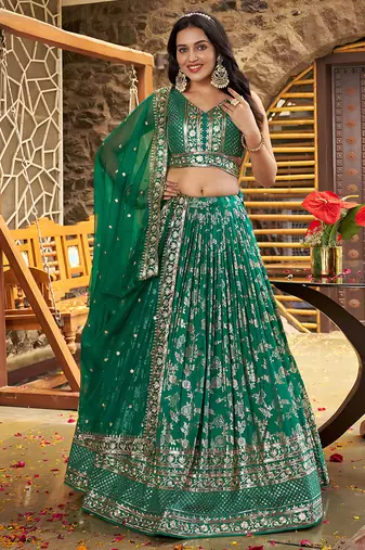 Teal Green Dola Silk Jacquard Readymade Lehenga Choli Set with Net Dupatta