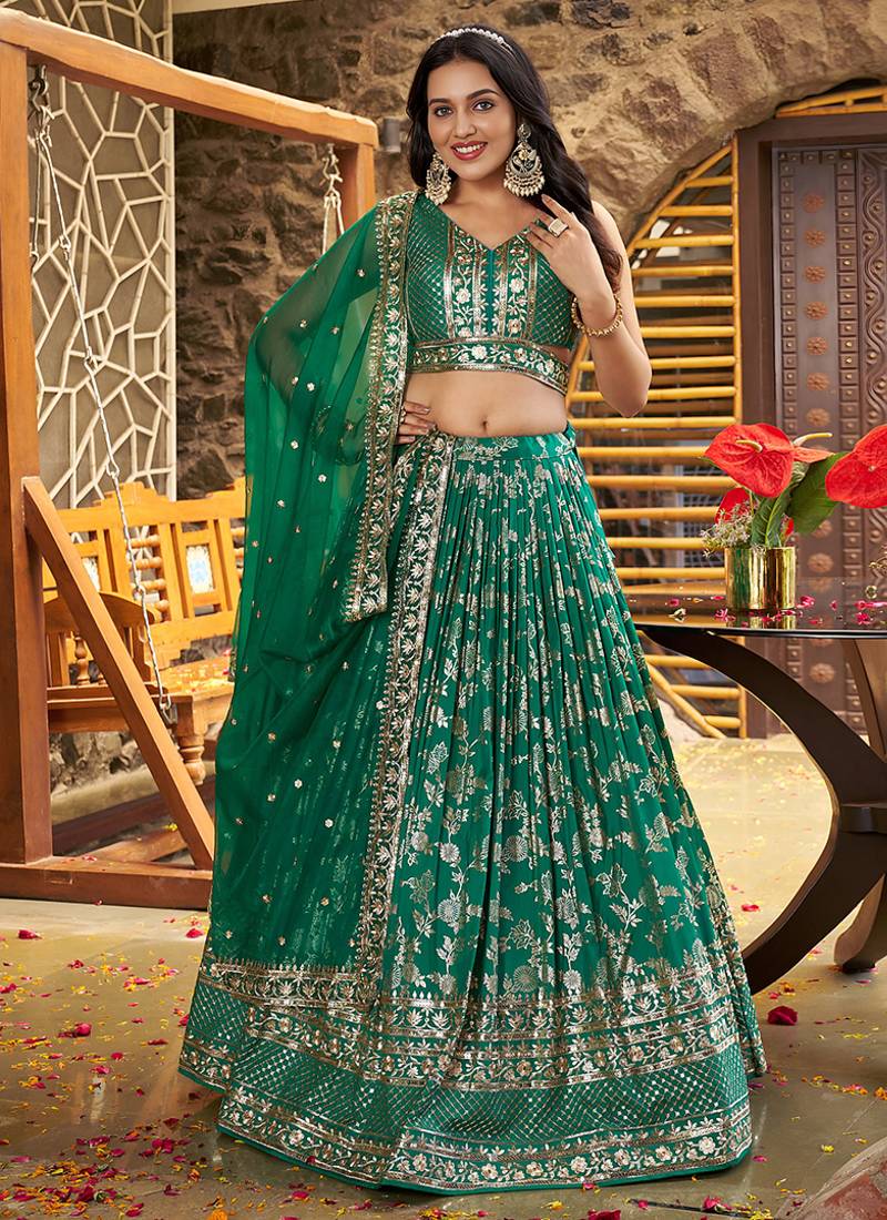 Teal Green Dola Silk Jacquard Readymade Lehenga Choli Set with Net Dupatta