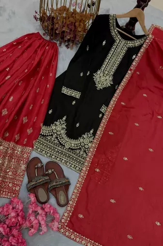 Black chinon silk blend  readymade suit with embroidery & sequence work