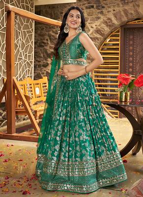 Teal Green Dola Silk Jacquard Readymade Lehenga Choli Set with Net Dupatta 2
