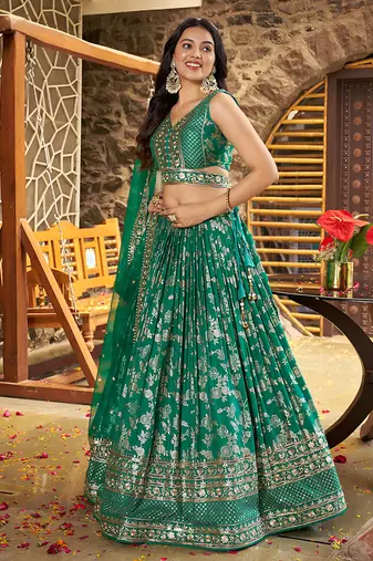Teal Green Dola Silk Jacquard Readymade Lehenga Choli Set with Net Dupatta