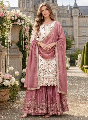 White silk blend  readymade suit with embroidery & sequence work 1