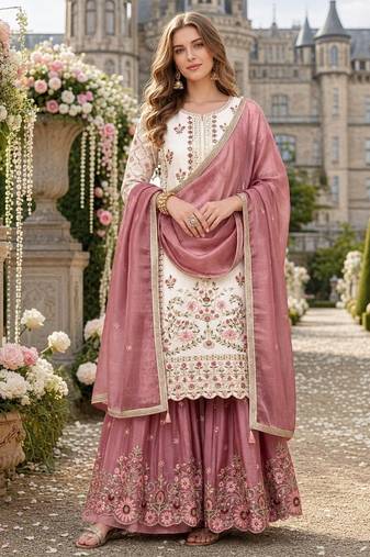White silk blend  readymade suit with embroidery & sequence work