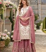 White silk blend  readymade suit with embroidery & sequence work