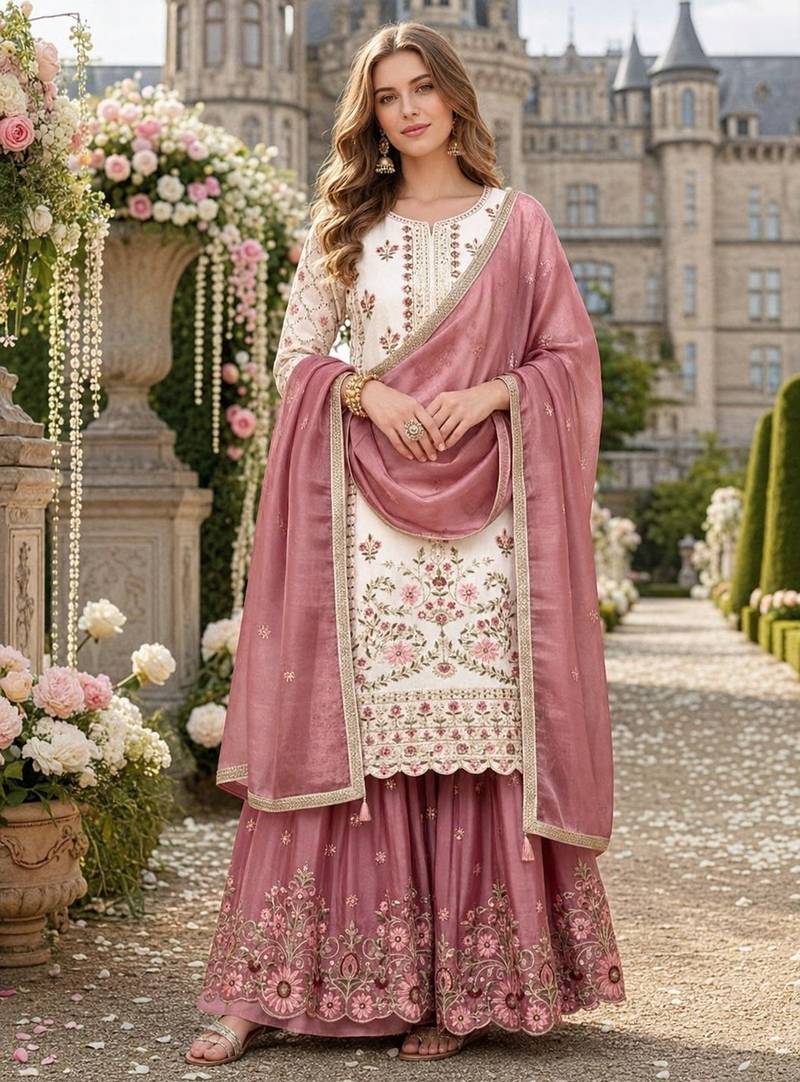 White silk blend  readymade suit with embroidery & sequence work