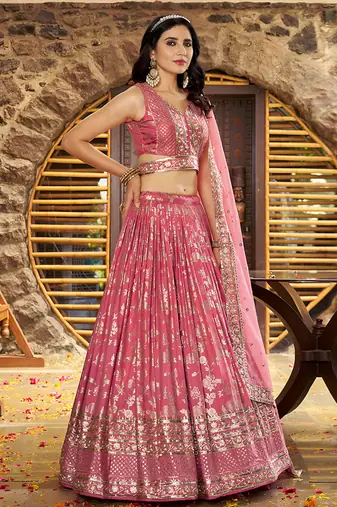 Onion Pink Dola Silk Jacquard Readymade Lehenga Choli Set with Net Dupatta