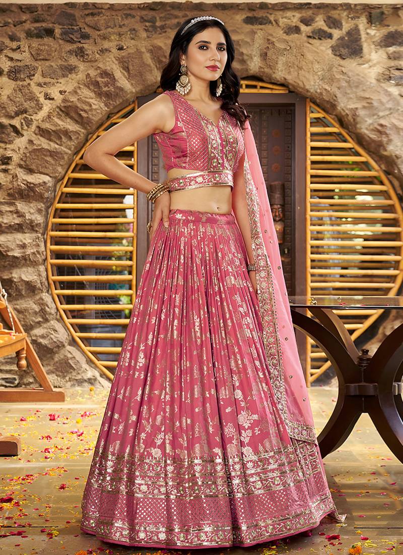 Onion Pink Dola Silk Jacquard Readymade Lehenga Choli Set with Net Dupatta