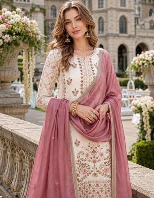 White silk blend  readymade suit with embroidery & sequence work 2