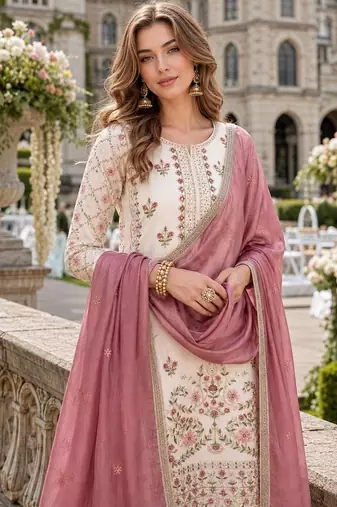 White silk blend  readymade suit with embroidery & sequence work