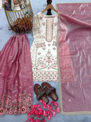 White silk blend  readymade suit with embroidery & sequence work 3