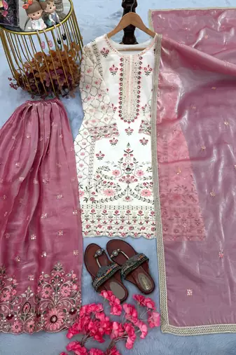 White silk blend  readymade suit with embroidery & sequence work