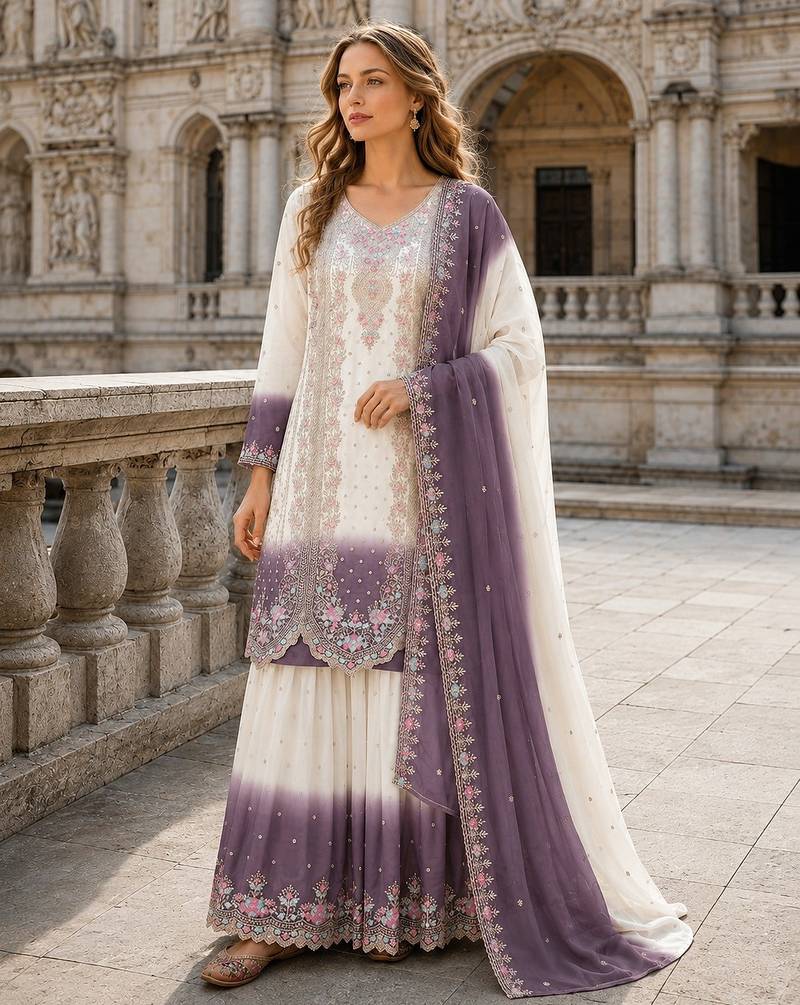 White & purple georgette readymade suit with embroidery thread work