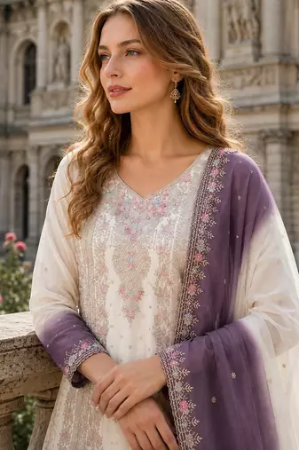 White & purple georgette readymade suit with embroidery thread work