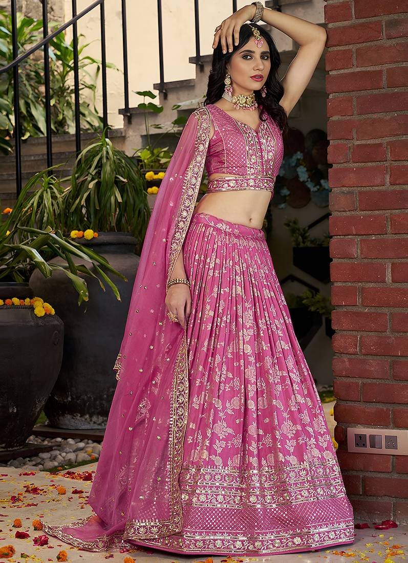 Rani Pink Dola Silk Jacquard Readymade Lehenga Choli Set with Net Dupatta