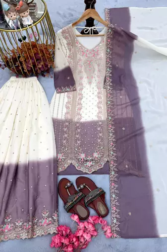 White & purple georgette readymade suit with embroidery thread work