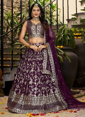 Wine Dola Silk Jacquard Readymade Lehenga Choli Set with Net Dupatta 1
