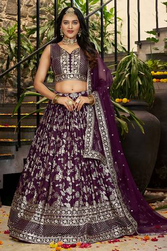 Wine Dola Silk Jacquard Readymade Lehenga Choli Set with Net Dupatta