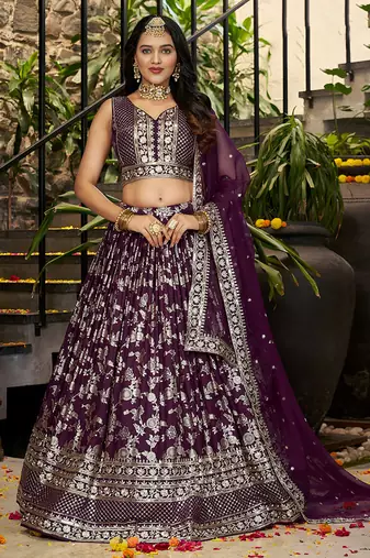 Wine Dola Silk Jacquard Readymade Lehenga Choli Set with Net Dupatta