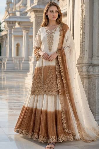 White & brown georgette readymade suit with embroidery thread work