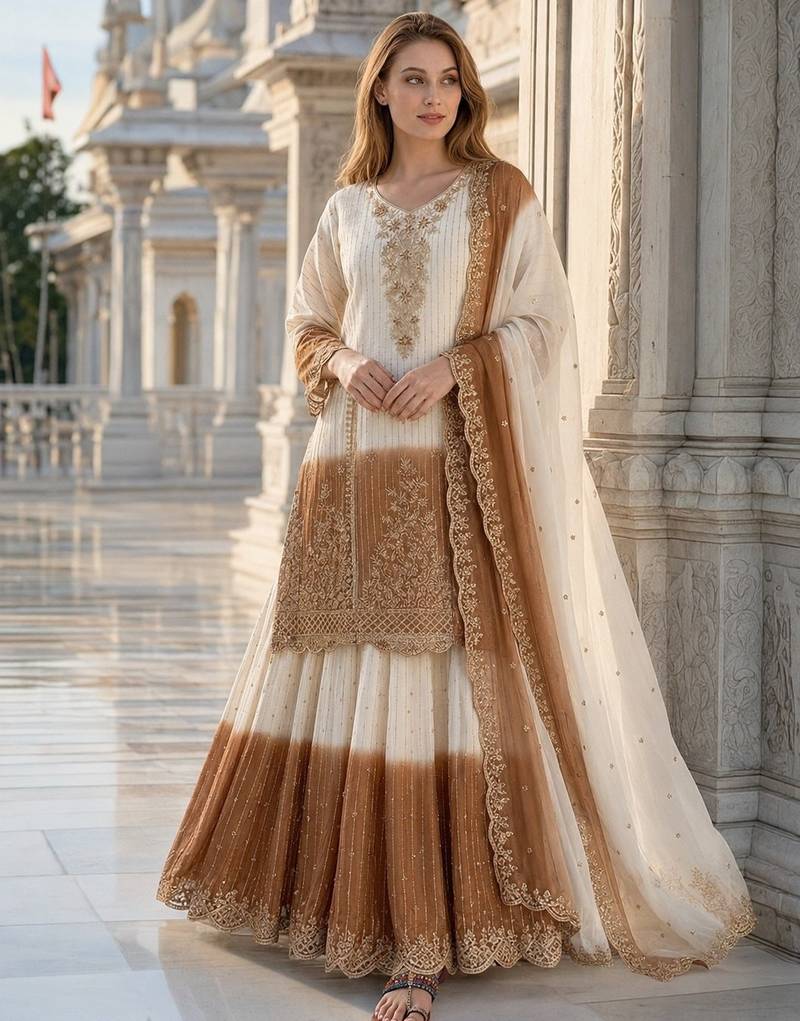 White & brown georgette readymade suit with embroidery thread work
