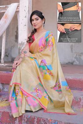 Women's beige block printed chiffon ready to wear saree | pre draped party wear saree 1