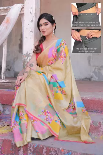 Women's beige block printed chiffon ready to wear saree | pre draped party wear saree