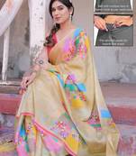 Women's beige block printed chiffon ready to wear saree | pre draped party wear saree