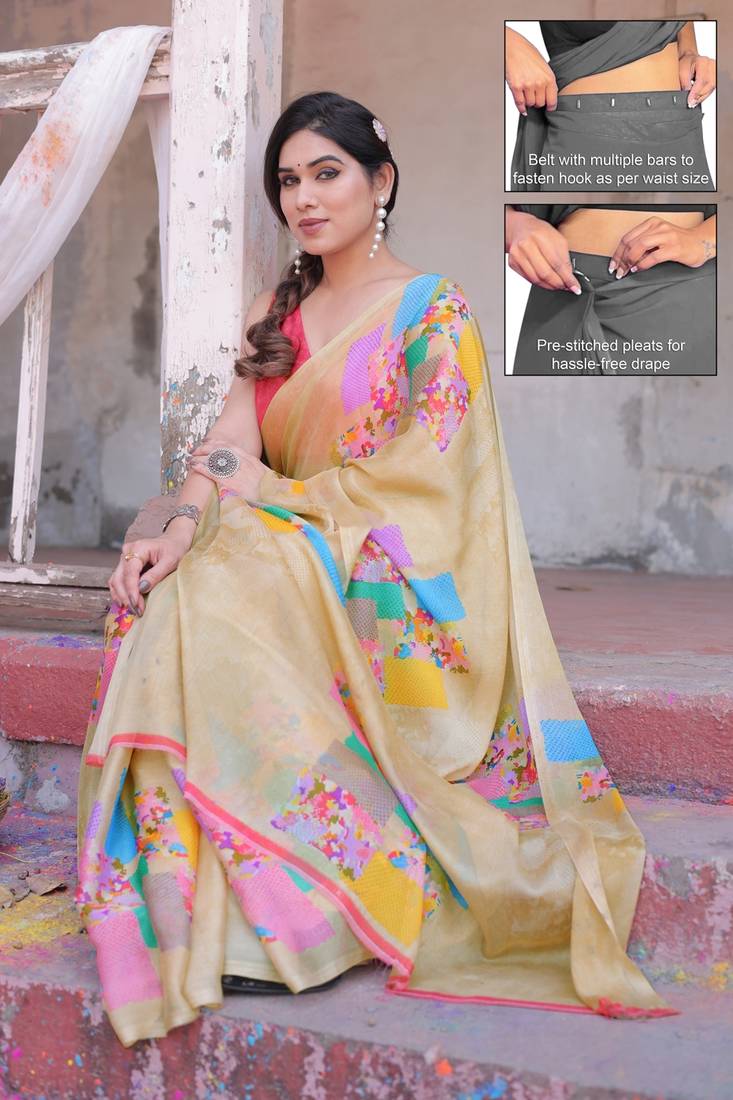 Women's beige block printed chiffon ready to wear saree | pre draped party wear saree