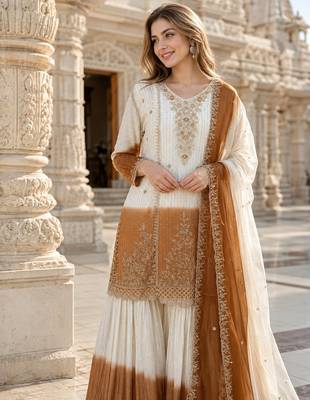 White & brown georgette readymade suit with embroidery thread work 2