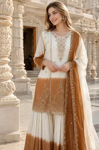 White & brown georgette readymade suit with embroidery thread work