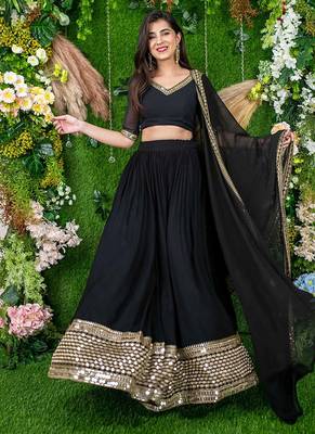 Black Faux Georgette Mirror Work Readymade Lehenga Choli 1