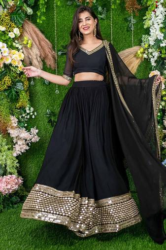Black Faux Georgette Mirror Work Readymade Lehenga Choli