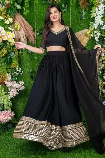 Black Faux Georgette Mirror Work Readymade Lehenga Choli
