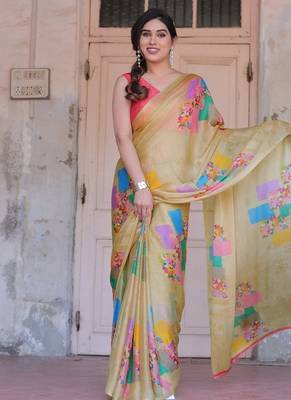 Women's beige block printed chiffon ready to wear saree | pre draped party wear saree 2