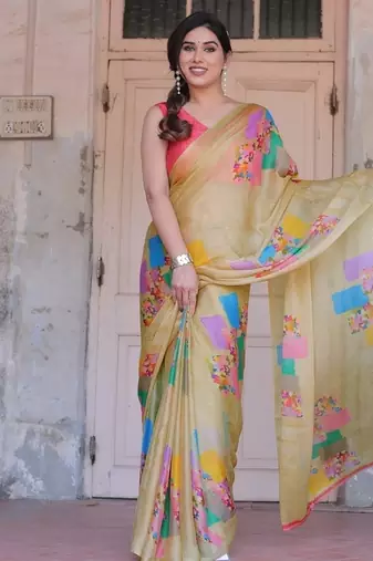 Women's beige block printed chiffon ready to wear saree | pre draped party wear saree