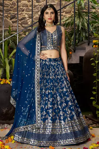 Navy blue Dola Silk Jacquard Readymade Lehenga Choli Set with Net Dupatta