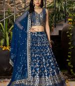 Navy blue Dola Silk Jacquard Readymade Lehenga Choli Set with Net Dupatta