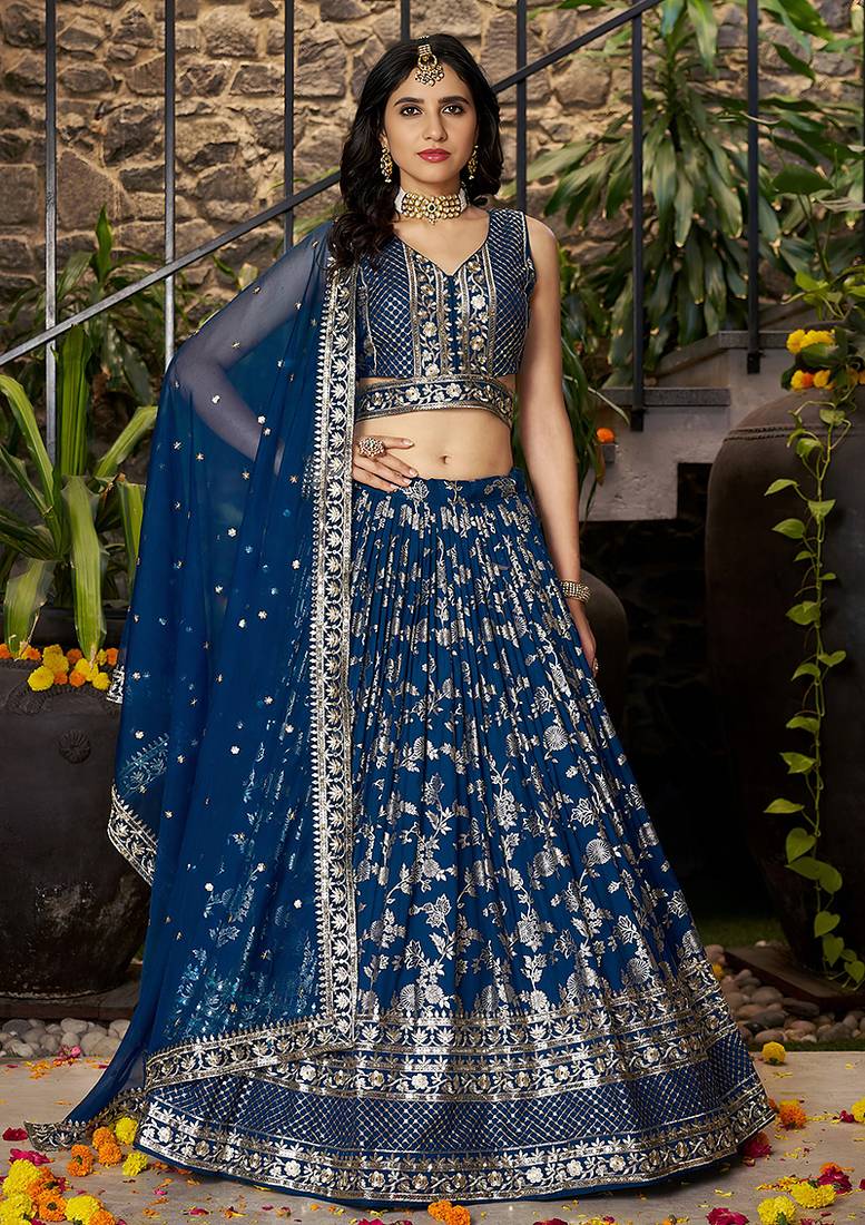 Navy blue Dola Silk Jacquard Readymade Lehenga Choli Set with Net Dupatta