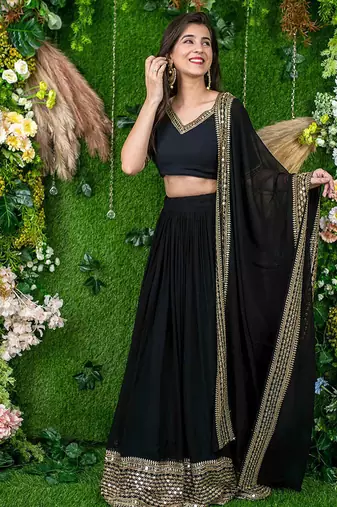 Black Faux Georgette Mirror Work Readymade Lehenga Choli
