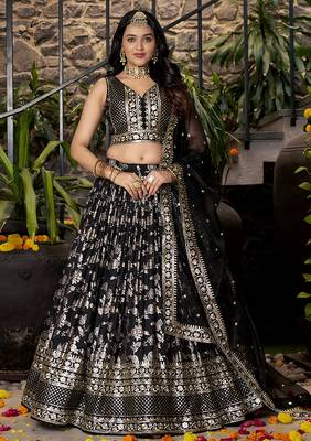 Black Dola Silk Jacquard Readymade Lehenga Choli Set with Net Dupatta 1