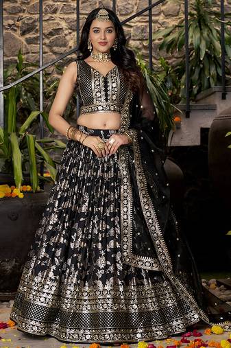 Black Dola Silk Jacquard Readymade Lehenga Choli Set with Net Dupatta