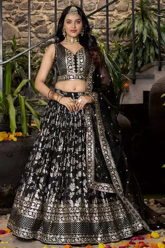 Black Dola Silk Jacquard Readymade Lehenga Choli Set with Net Dupatta