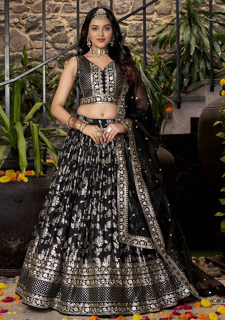 Black Dola Silk Jacquard Readymade Lehenga Choli Set with Net Dupatta