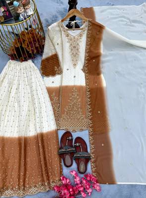 White & brown georgette readymade suit with embroidery thread work 3