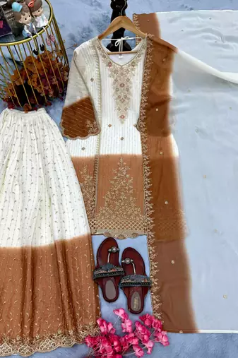 White & brown georgette readymade suit with embroidery thread work