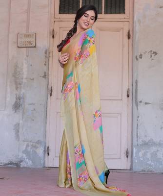 Women's beige block printed chiffon ready to wear saree | pre draped party wear saree 3