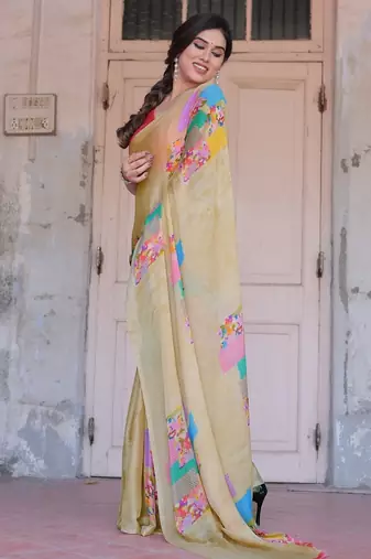 Women's beige block printed chiffon ready to wear saree | pre draped party wear saree